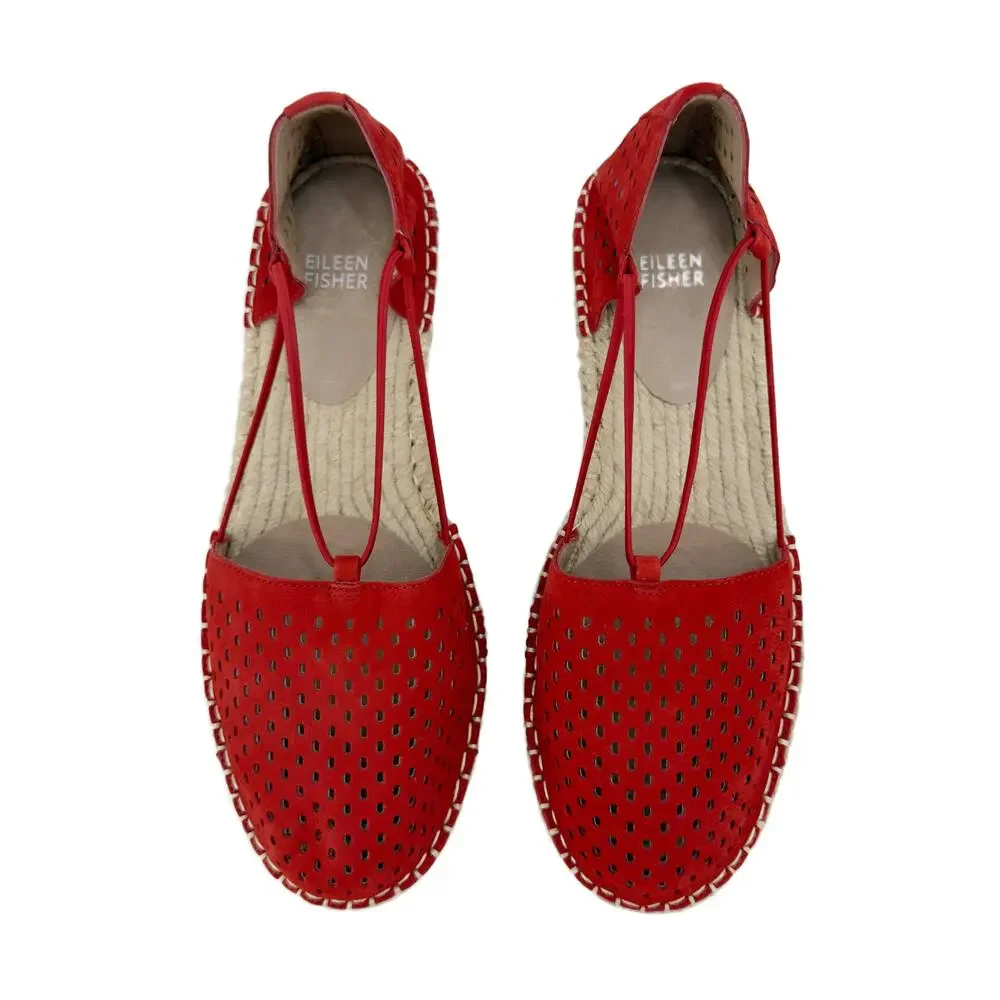 NEW Eileen Fisher Lee Espadrille Sandal Flats sz 9 Red Poppy Perforated Leather